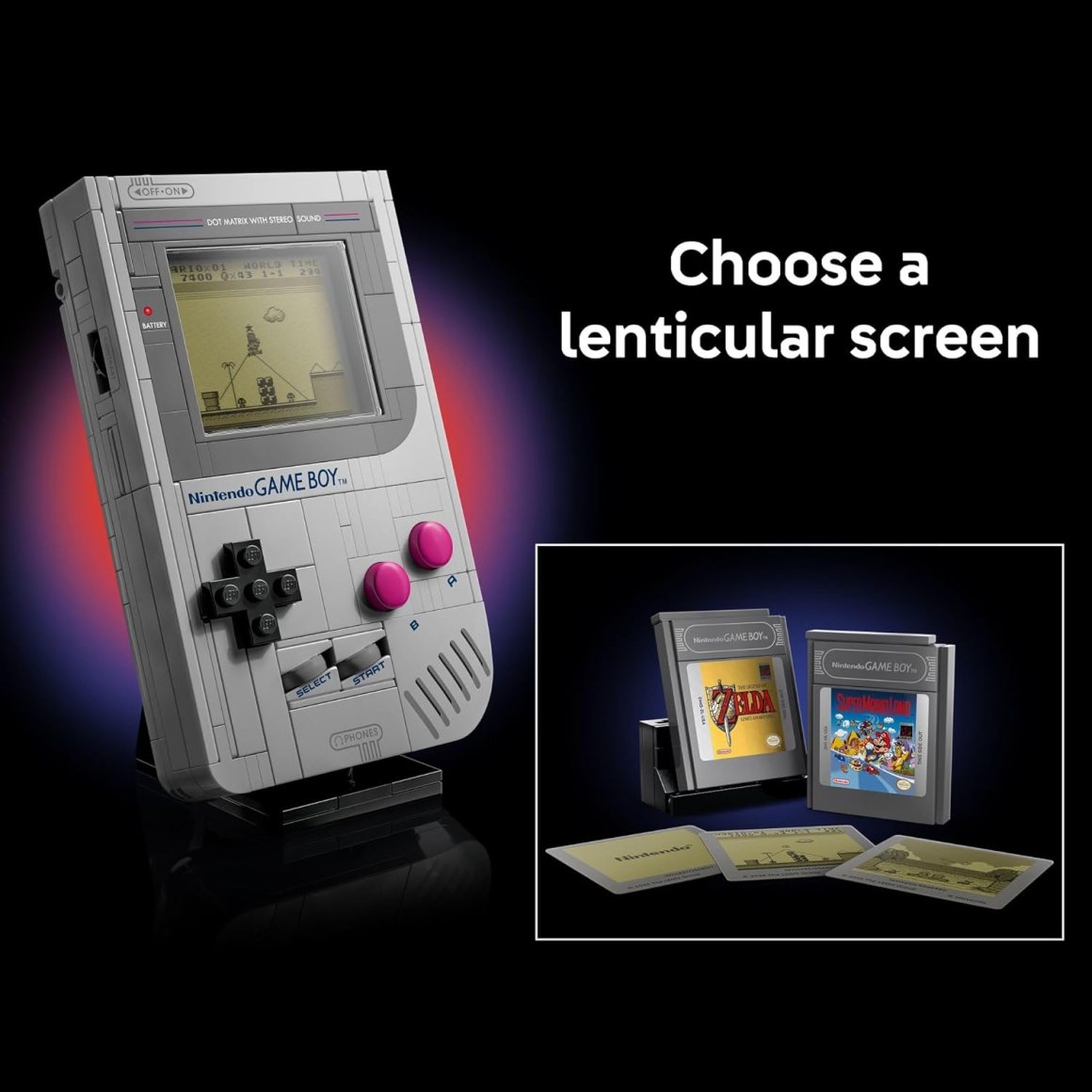 A LEGO buildable model of a Nintendo Game Boy with a lenticular screen and game cartridges displayed beside it.