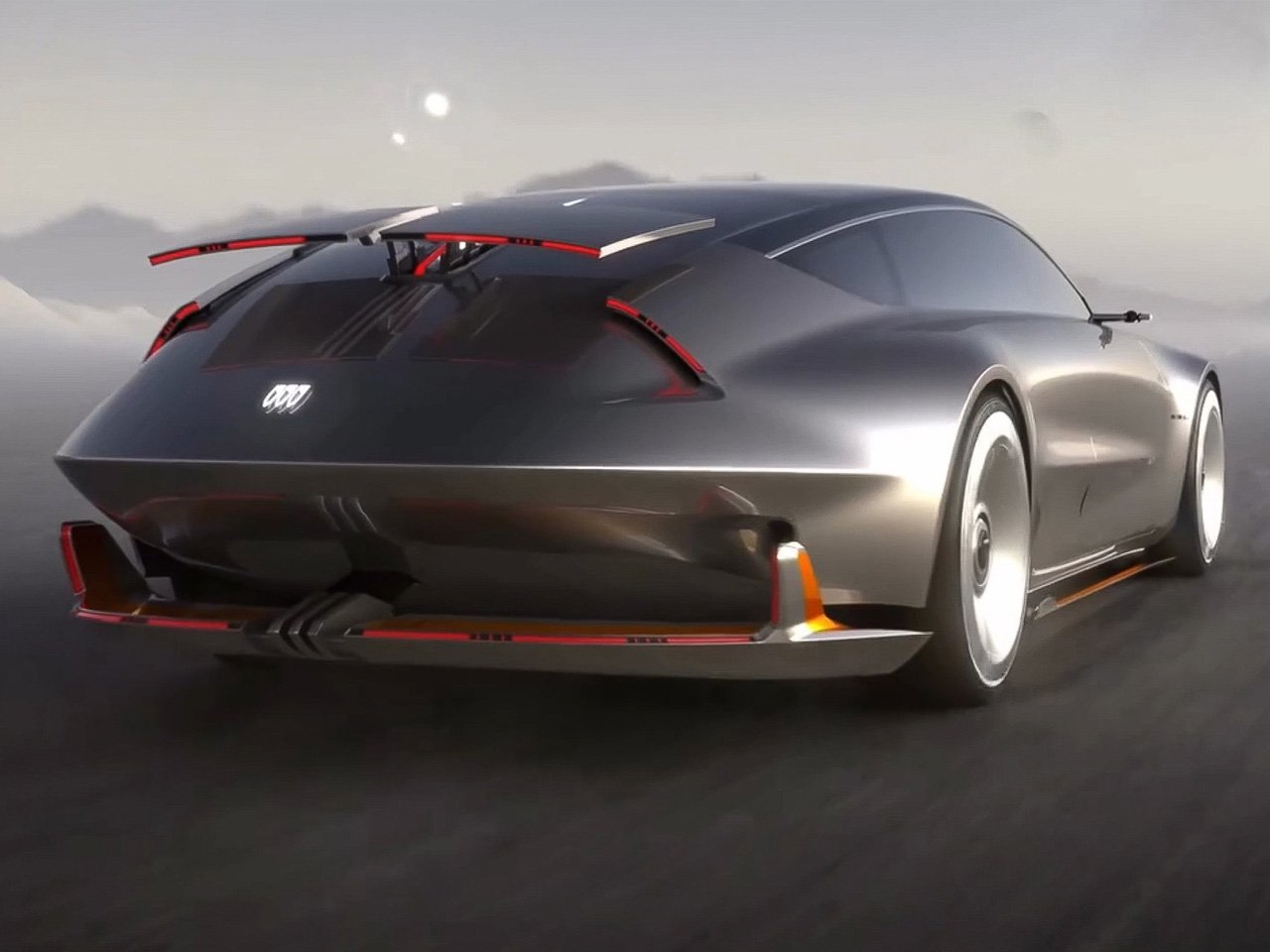 Rear view of the Buick Electra Orbit concept car showcasing its sleek design, distinctive taillights, and aerodynamic features.