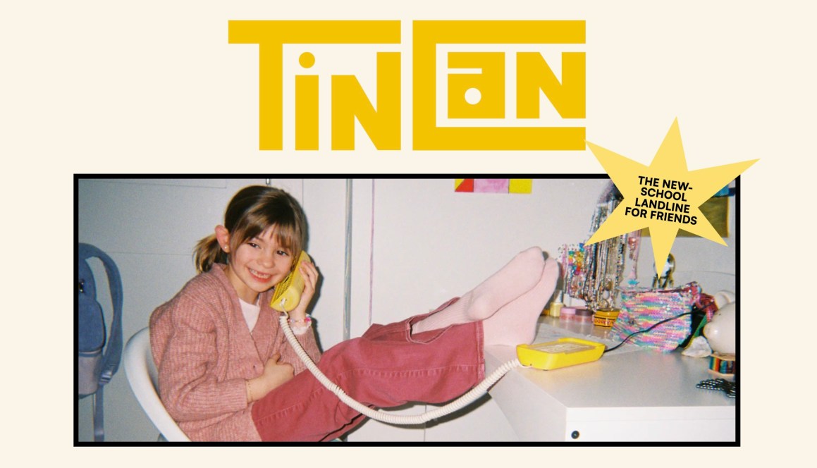 A smiling child sitting in a chair, holding a yellow landline phone, with their feet up on a desk in a colorful room, accompanied by the text 'Tin Can' and a star-shaped label reading 'THE NEW-SCHOOL LANDLINE FOR FRIENDS'.