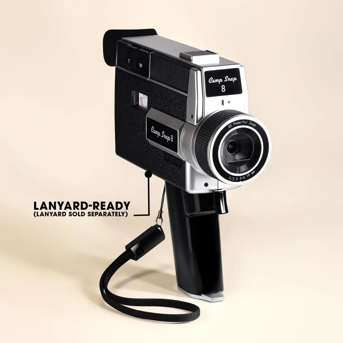 A vintage-style video camera named 'Camp Snap 8' with a focus on its lanyard-ready feature, shown against a neutral background.