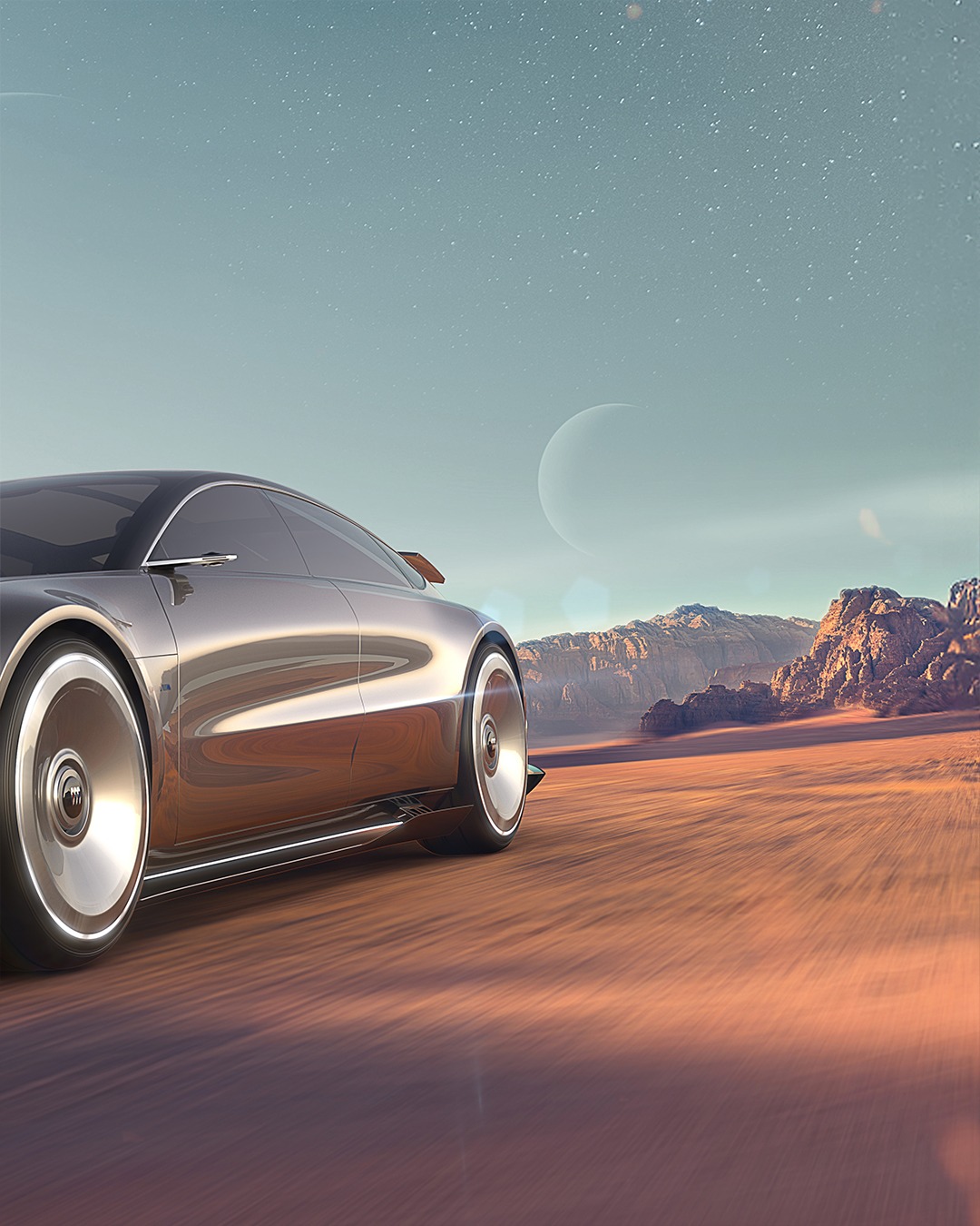 Futuristic silver car driving on an otherworldly landscape with mountains and two moons in the background.