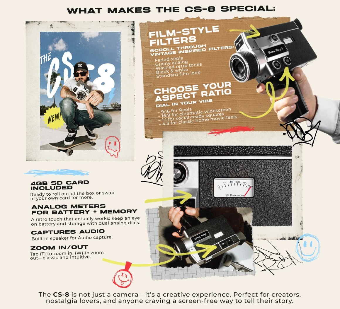 An illustration showcasing the CS-8 camera with vintage-inspired design elements. The image features a person sitting on a skateboard, holding the camera, alongside text describing its film-style filters, aspect ratio options, and features like audio capture and included SD card.