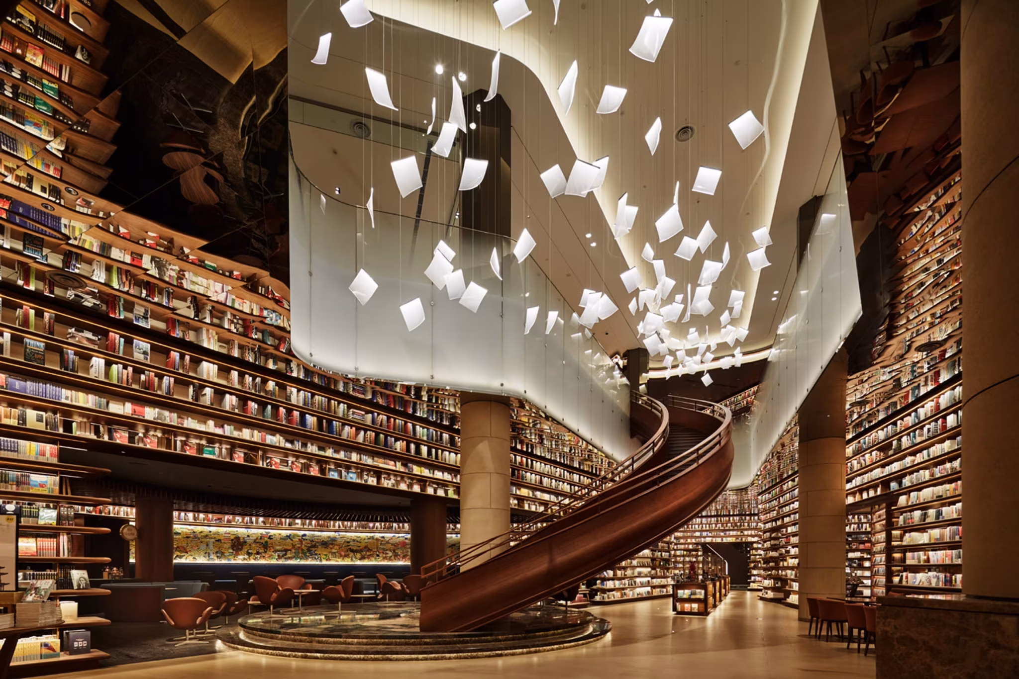 Dramatic Bookstore in Xi’an, China Features Floating Pages Chandelier Dramatic bookstore in xian china features floating pages chandelier