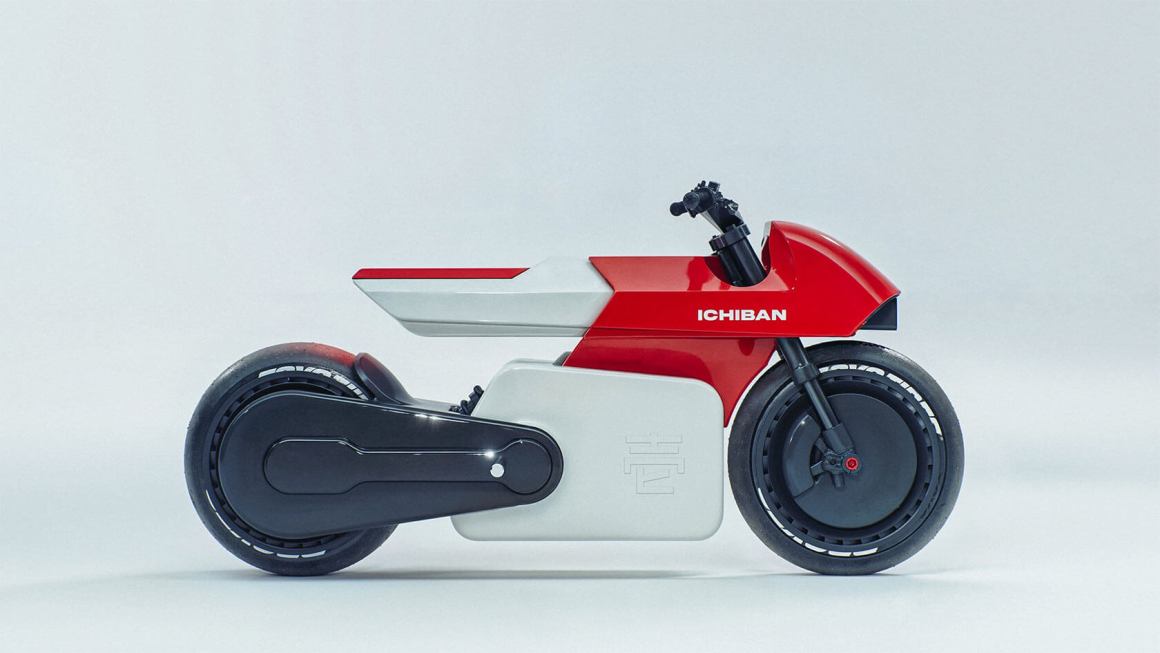 A sleek, modern electric motorcycle design featuring a red and white color scheme, with distinctive lines and a minimalist profile.