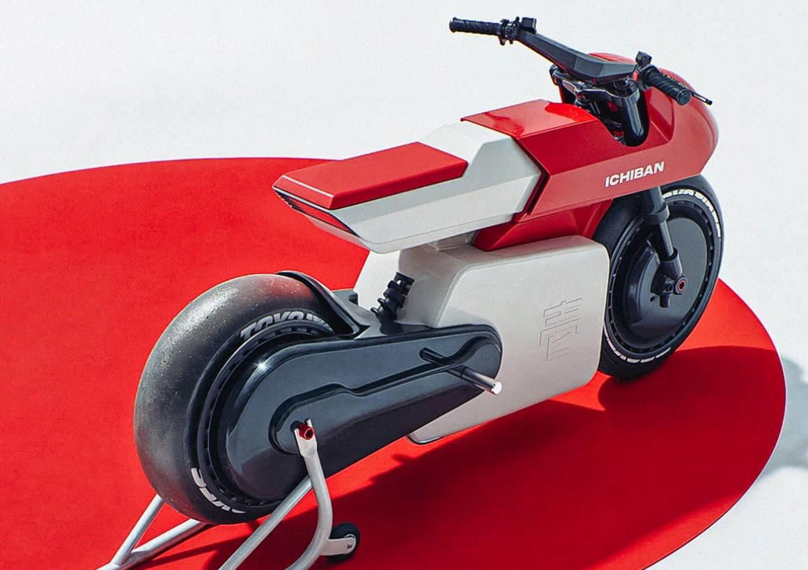 A modern electric concept motorcycle with a sleek design, featuring a red and white color scheme, displayed against a bright red backdrop.