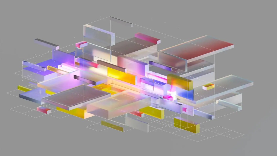 An abstract digital illustration featuring colorful, translucent shapes layered and arranged in a dynamic composition over a gray background.