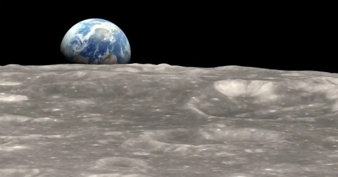View of Earth from the Moon's surface, with lunar terrain in the foreground and Earth rising above the horizon.
